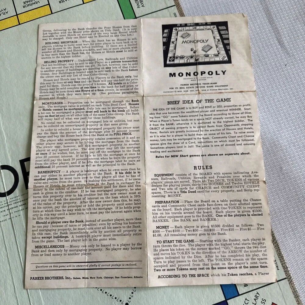 Vintage Monopoly 1954 Board Game Yellow Box - Complete!